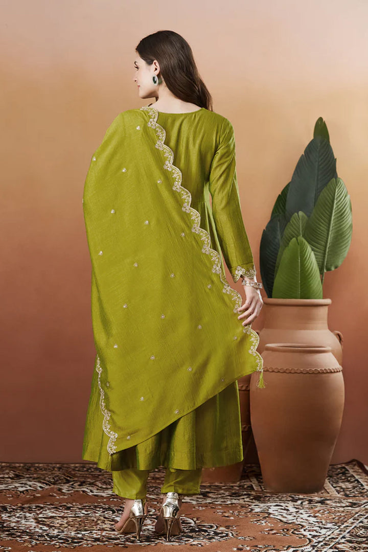 Green Color Vichitra Silk Fabric Readymade Salwar Suit