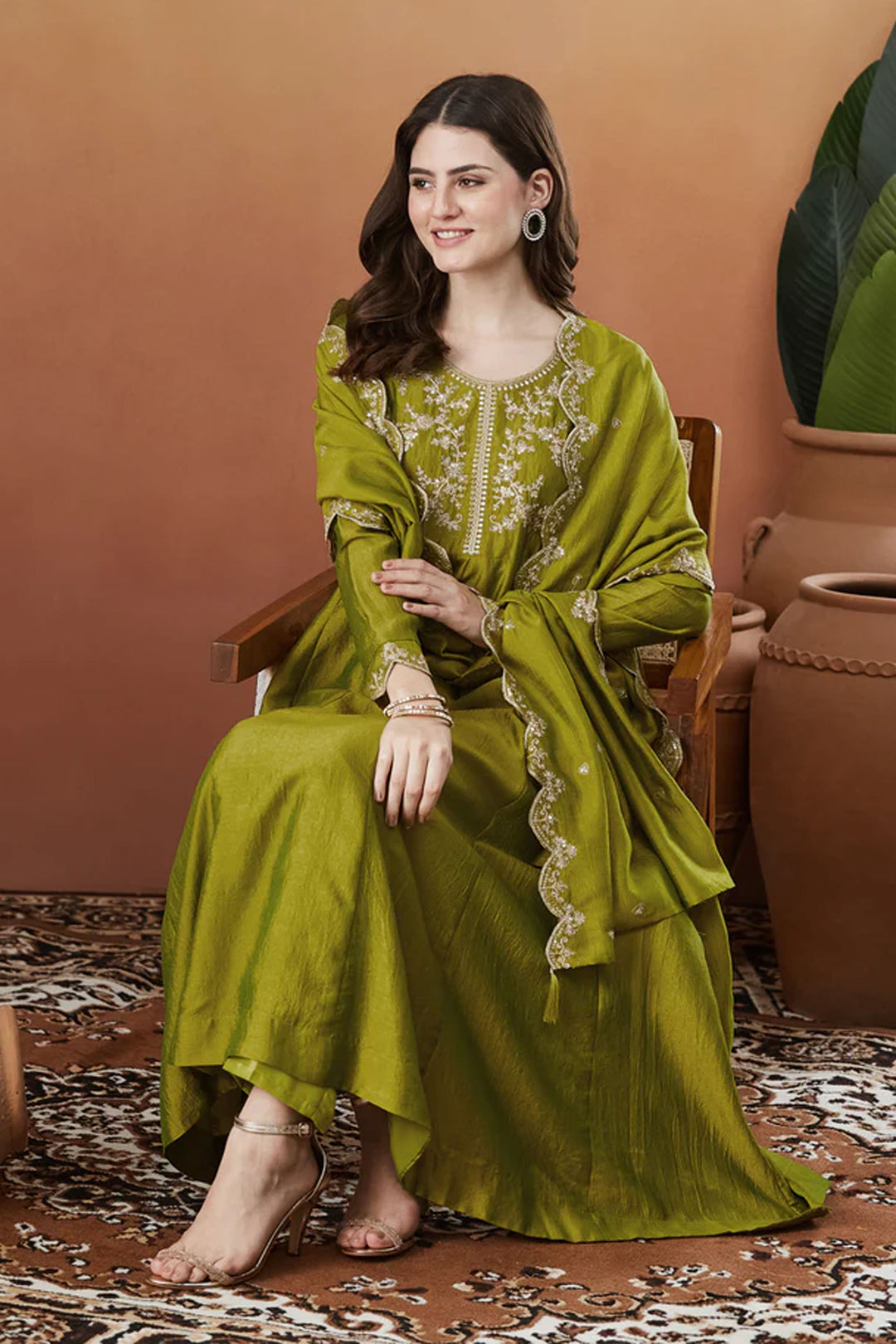 Green Color Vichitra Silk Fabric Readymade Salwar Suit