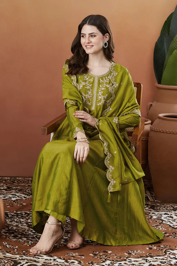 Green Color Vichitra Silk Fabric Readymade Salwar Suit
