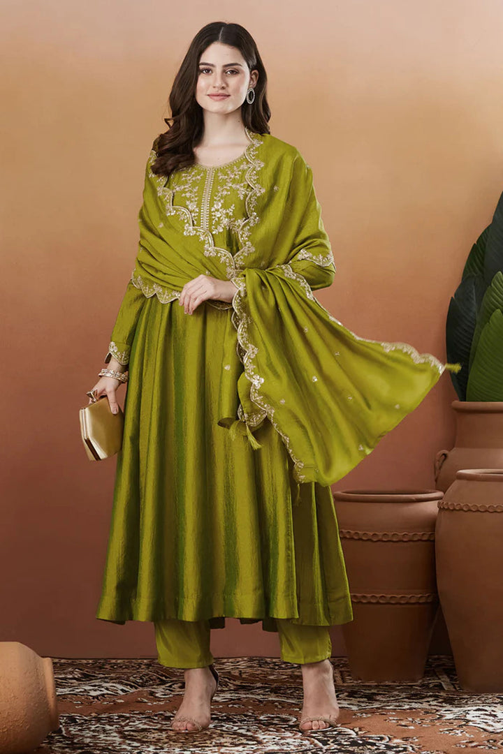 Green Color Vichitra Silk Fabric Readymade Salwar Suit