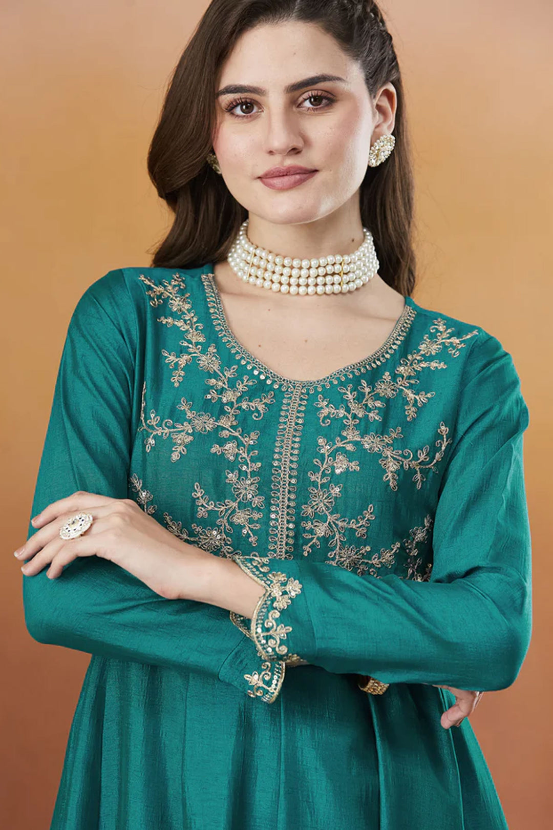 Vichitra Silk Fabric Green Color Readymade Salwar Suit