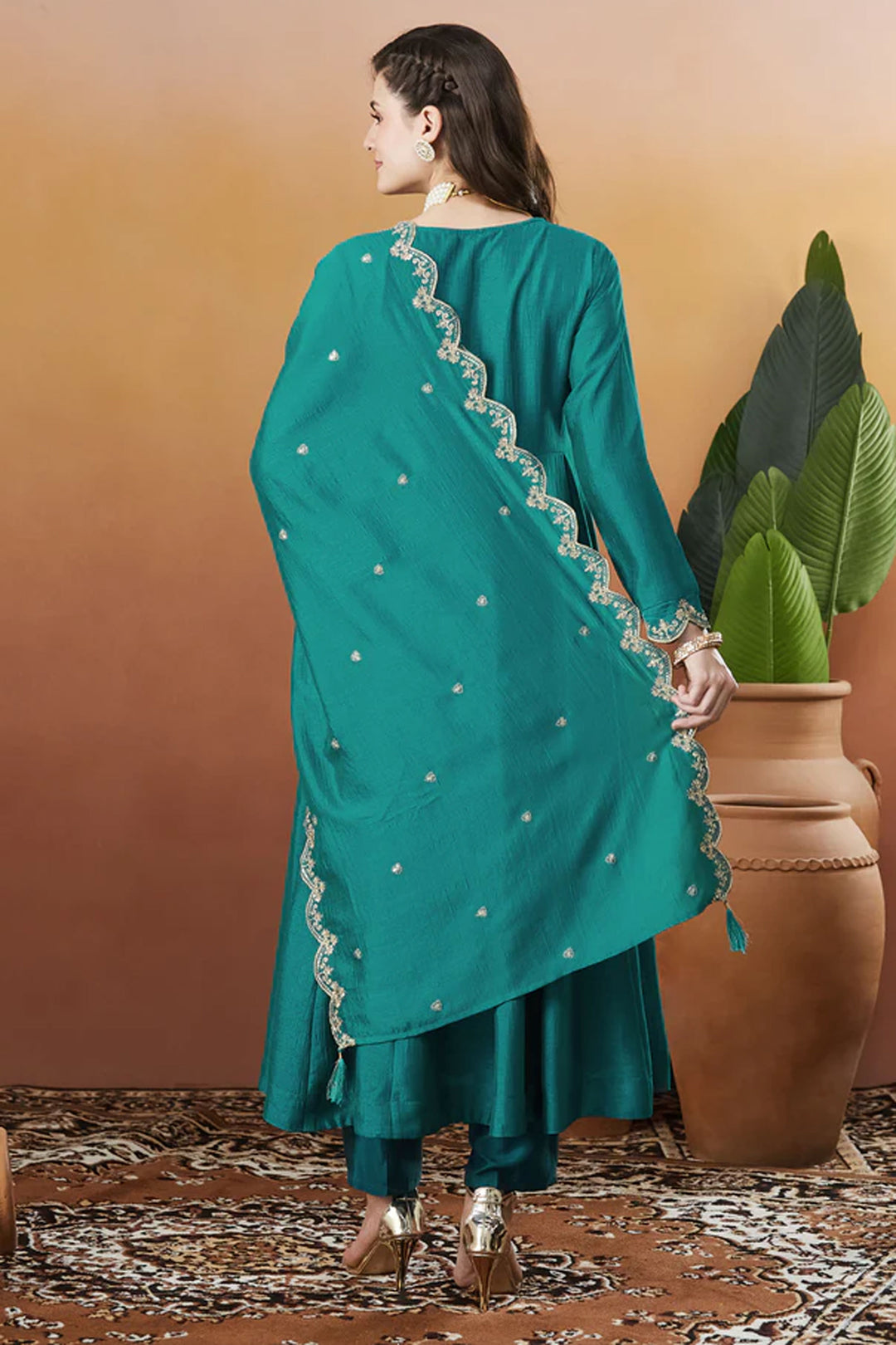 Vichitra Silk Fabric Green Color Readymade Salwar Suit