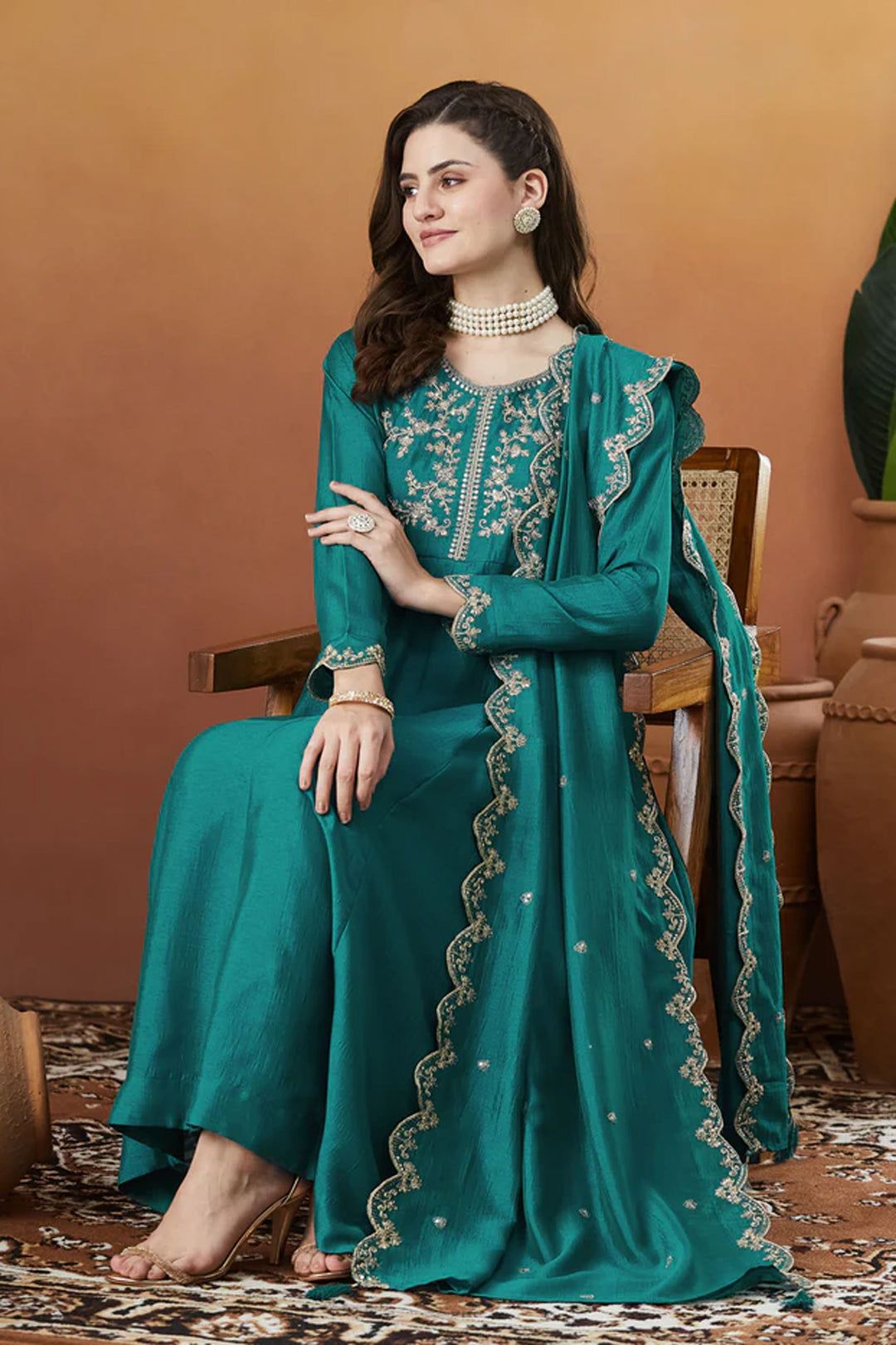 Vichitra Silk Fabric Green Color Readymade Salwar Suit