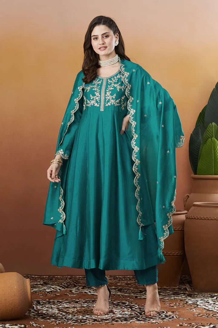 Vichitra Silk Fabric Green Color Readymade Salwar Suit