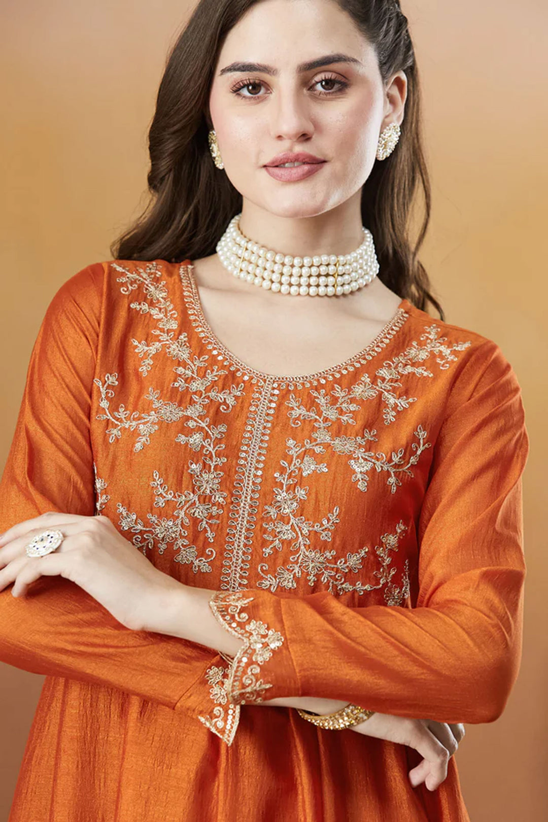 Orange Color Vichitra Silk Fabric Readymade Salwar Suit