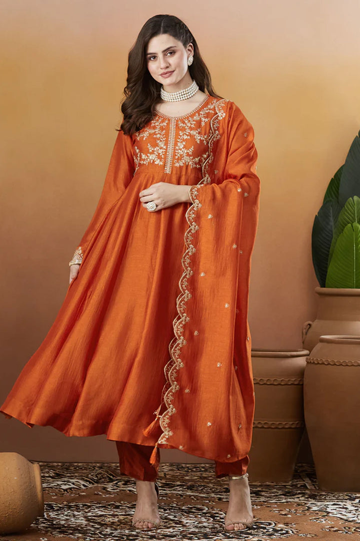 Orange Color Vichitra Silk Fabric Readymade Salwar Suit