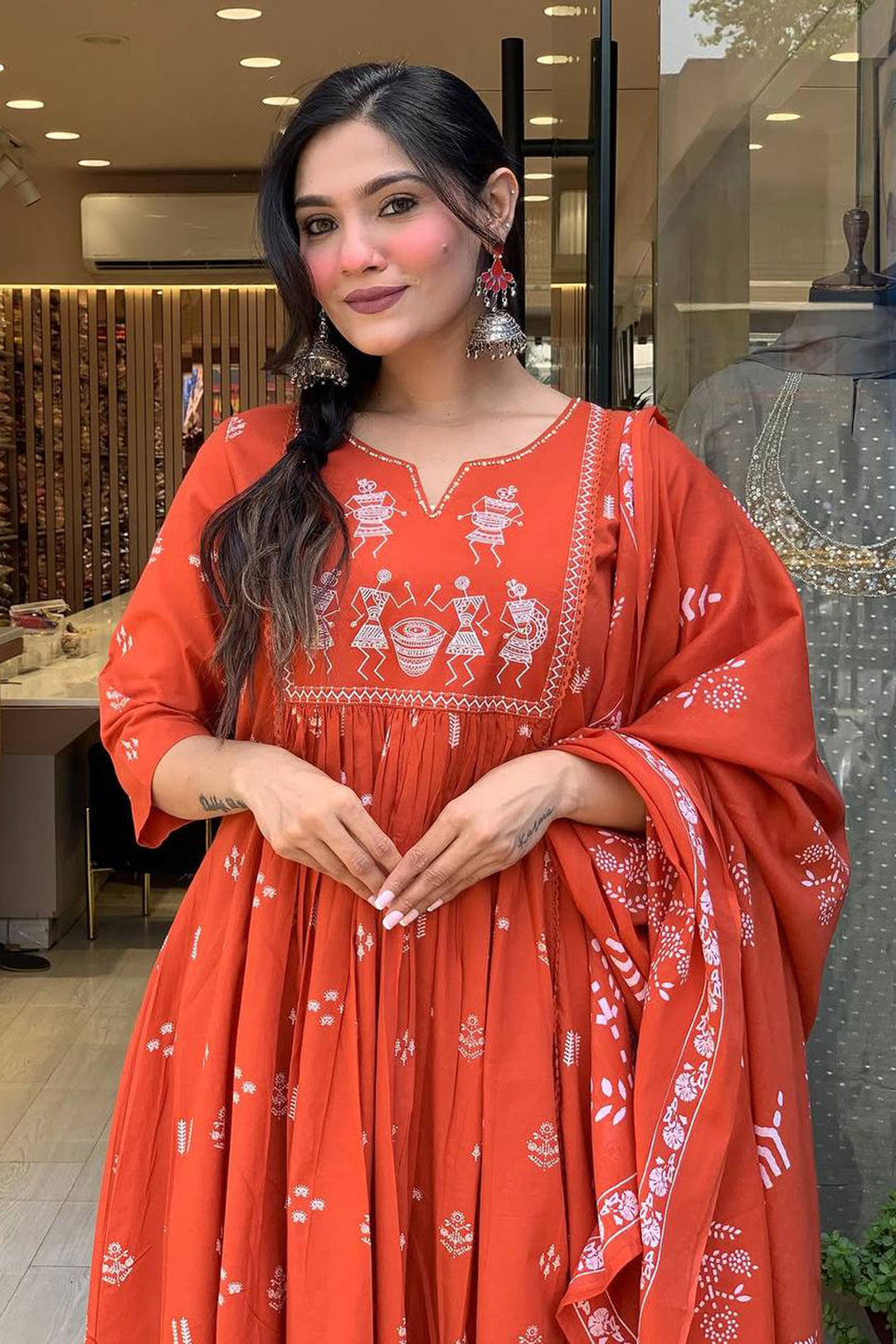 Cotton Fabric Readymade Salwar Suit In Orange Color