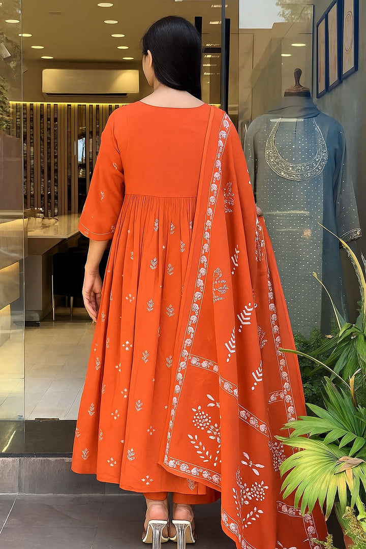 Cotton Fabric Readymade Salwar Suit In Orange Color