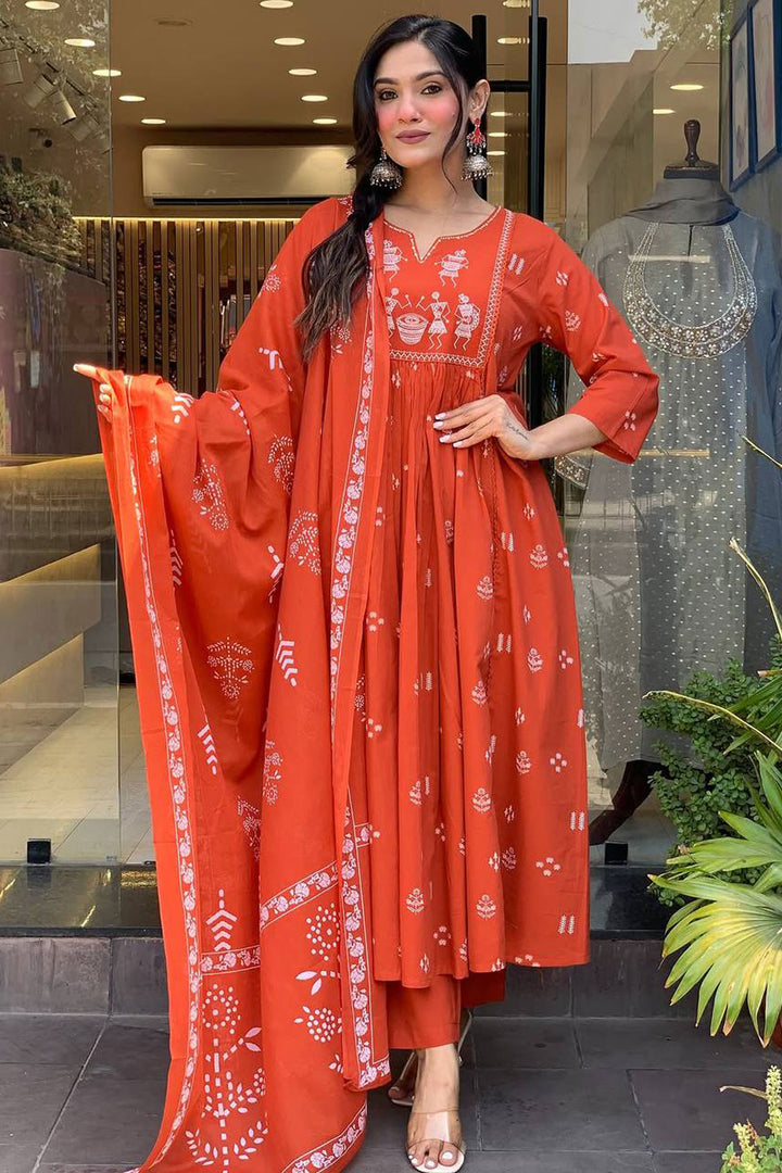 Cotton Fabric Readymade Salwar Suit In Orange Color