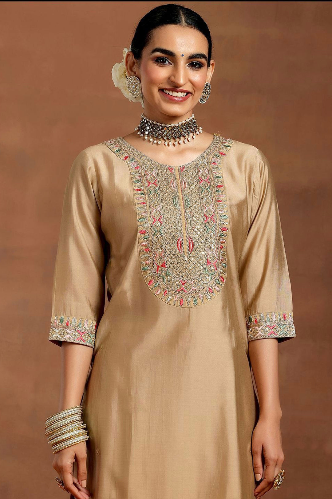 Beige Color Chanderi Fabric Readymade Salwar Suit