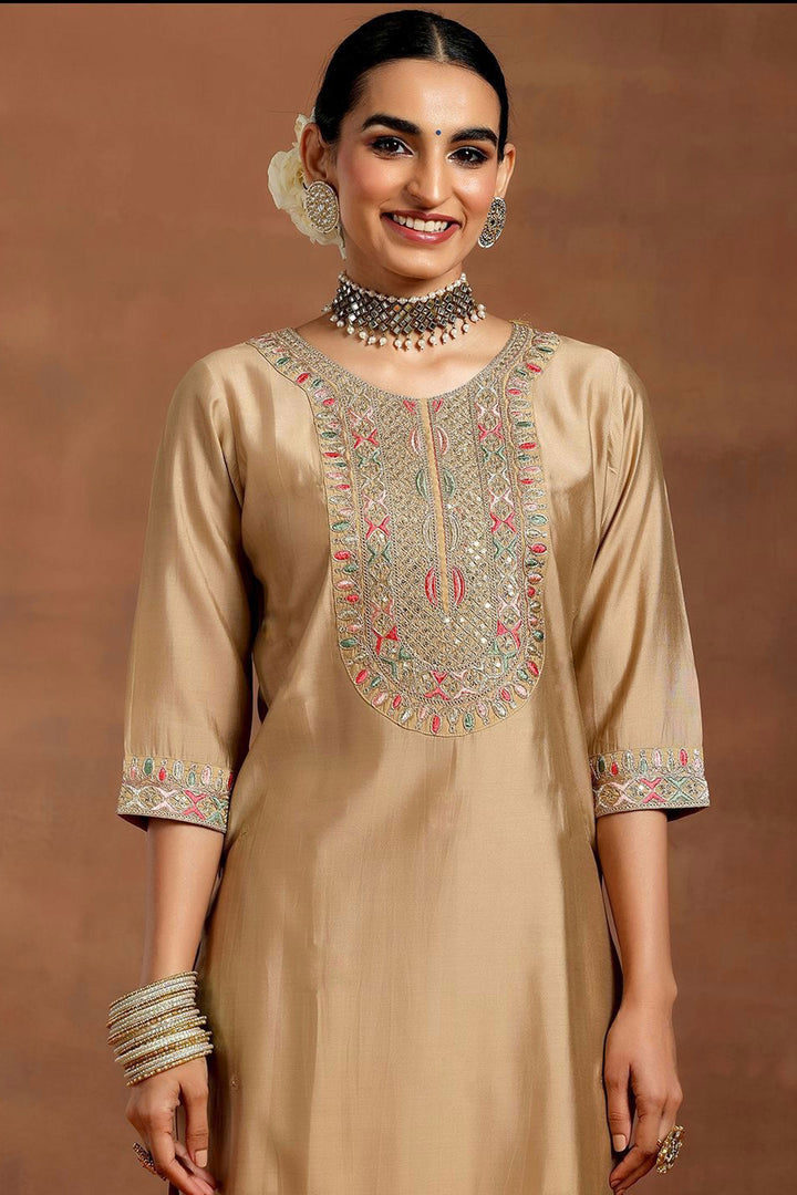 Beige Color Chanderi Fabric Readymade Salwar Suit