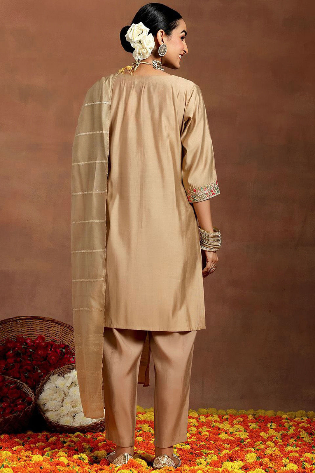 Beige Color Chanderi Fabric Readymade Salwar Suit
