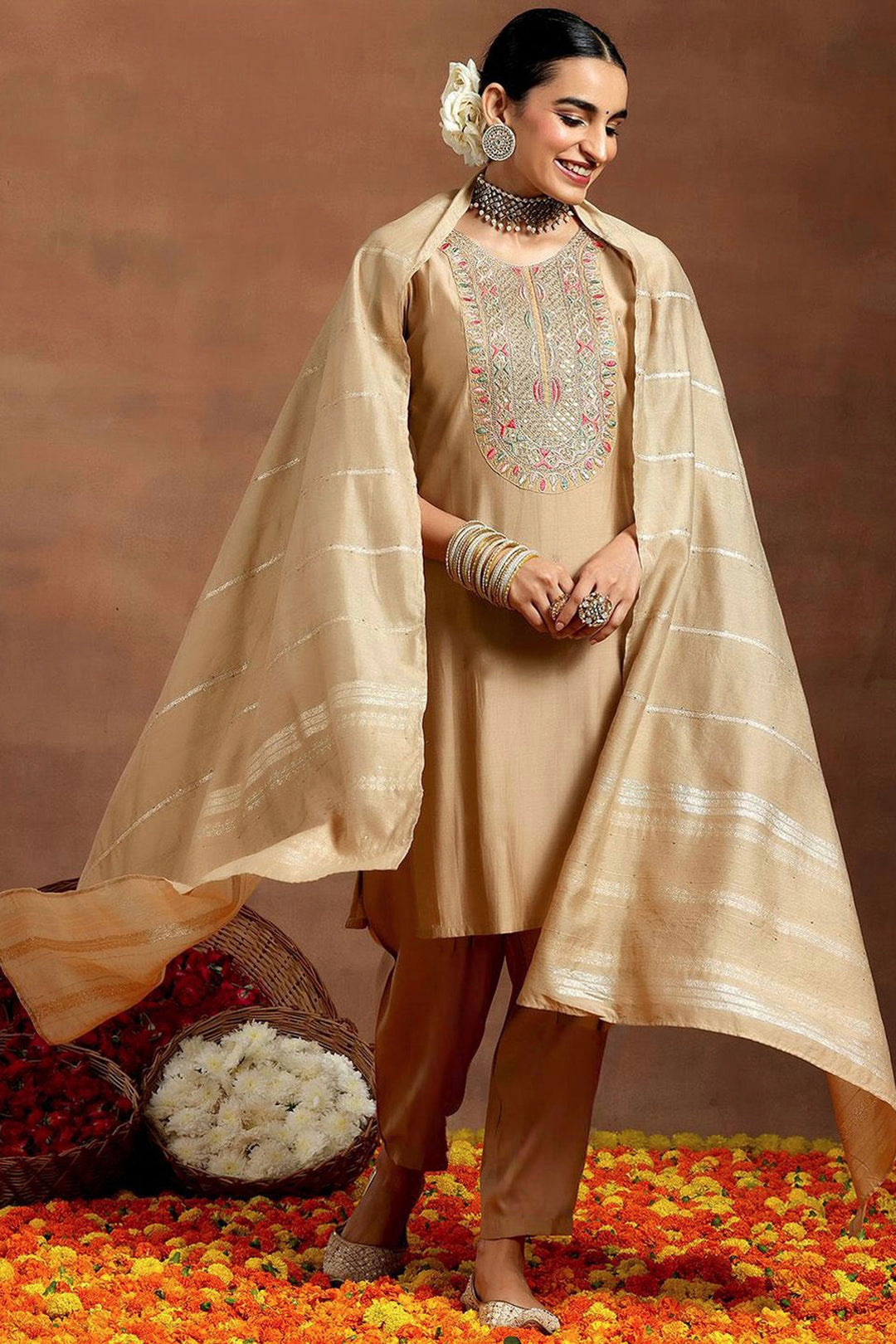 Beige Color Chanderi Fabric Readymade Salwar Suit
