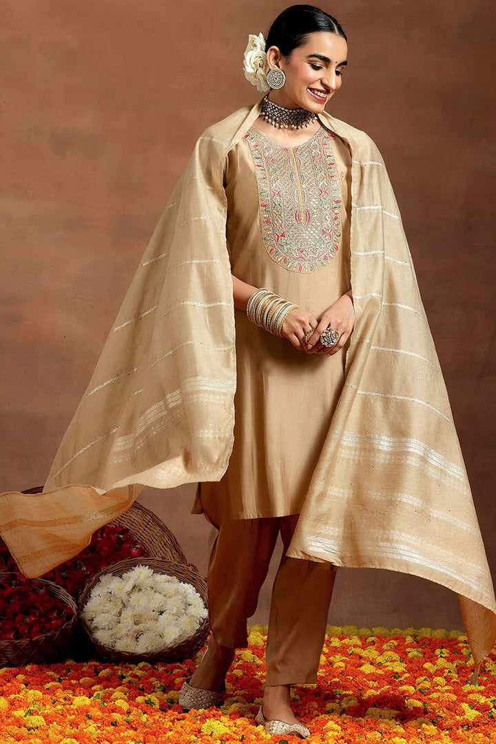 Beige Color Chanderi Fabric Readymade Salwar Suit