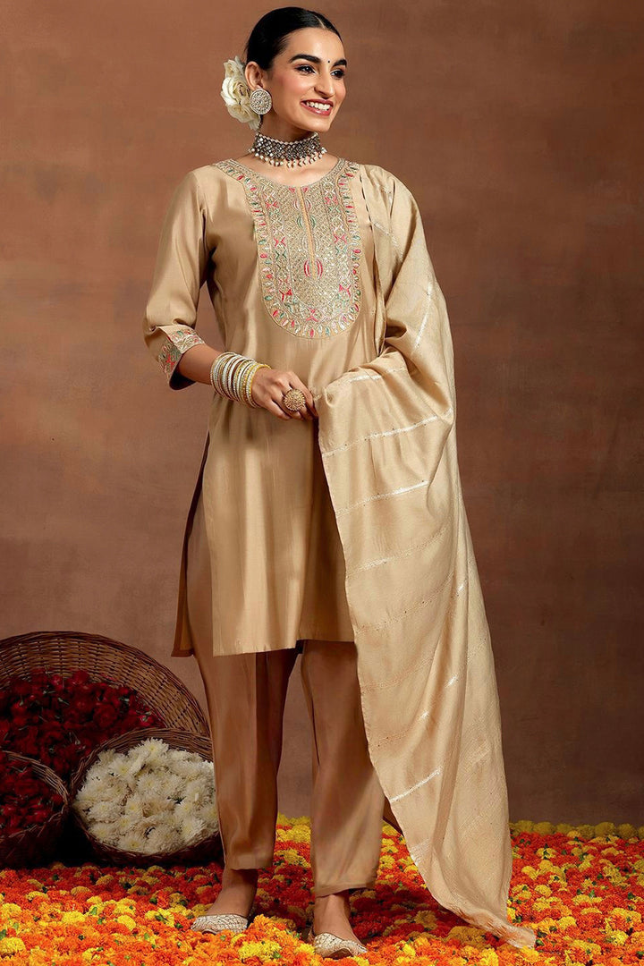 Beige Color Chanderi Fabric Readymade Salwar Suit