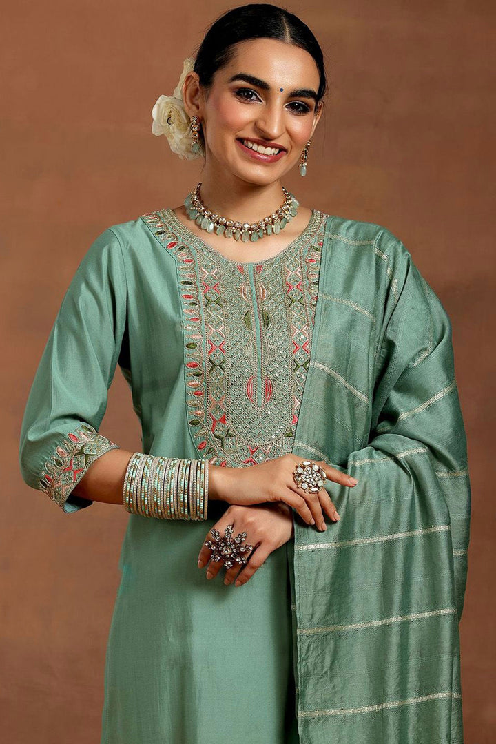 Chanderi Fabric Readymade Salwar Suit In Sea Green Color