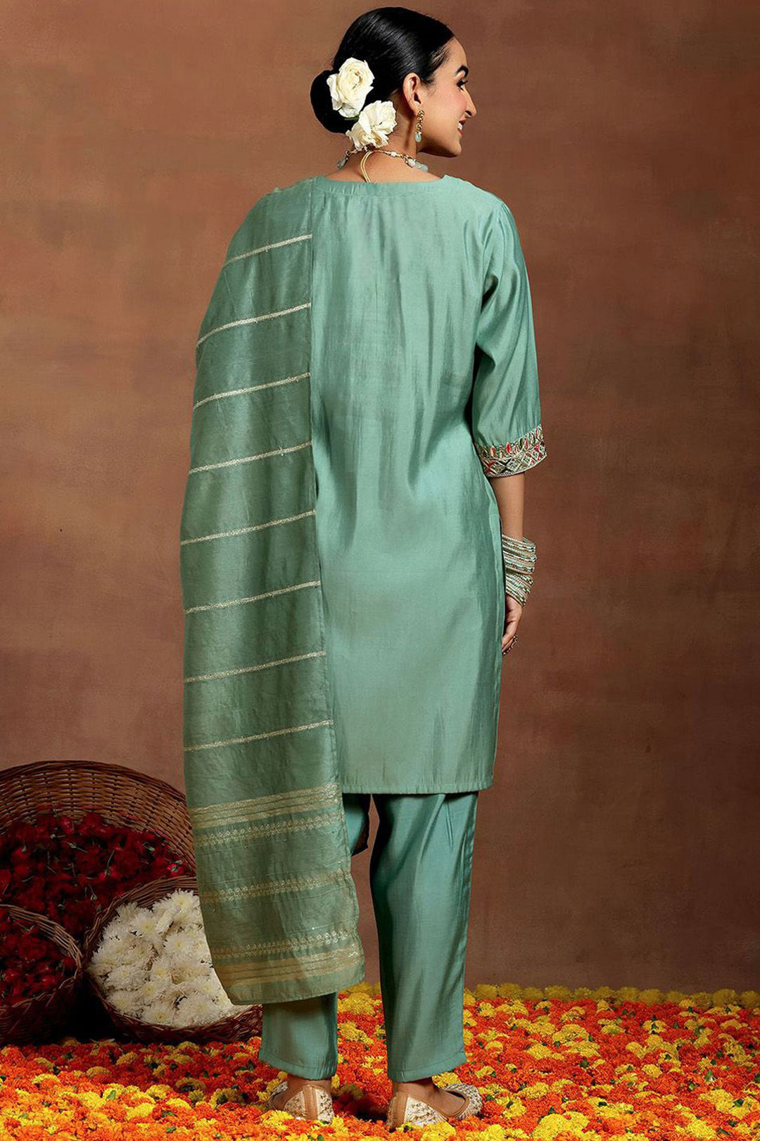 Chanderi Fabric Readymade Salwar Suit In Sea Green Color