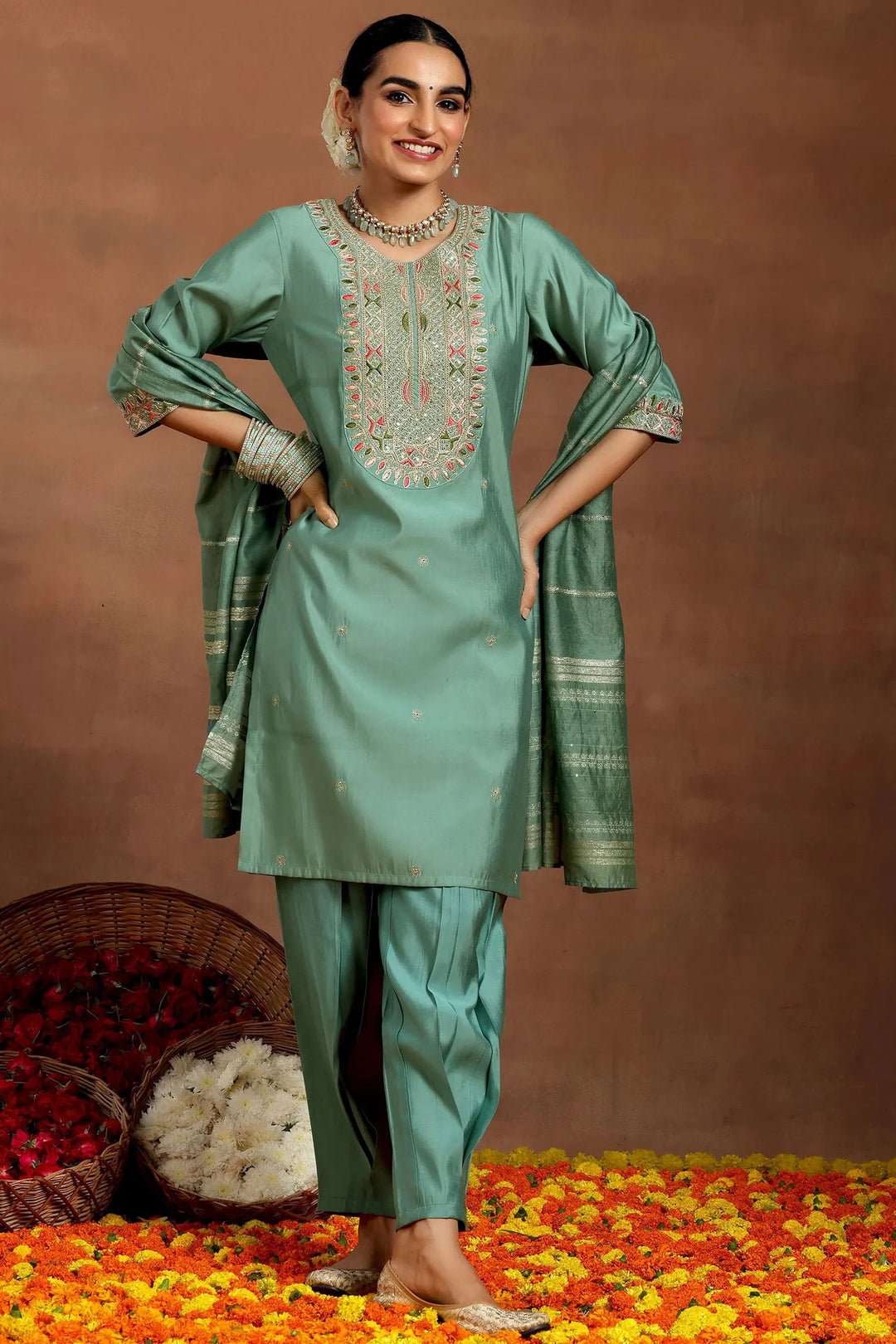 Chanderi Fabric Readymade Salwar Suit In Sea Green Color
