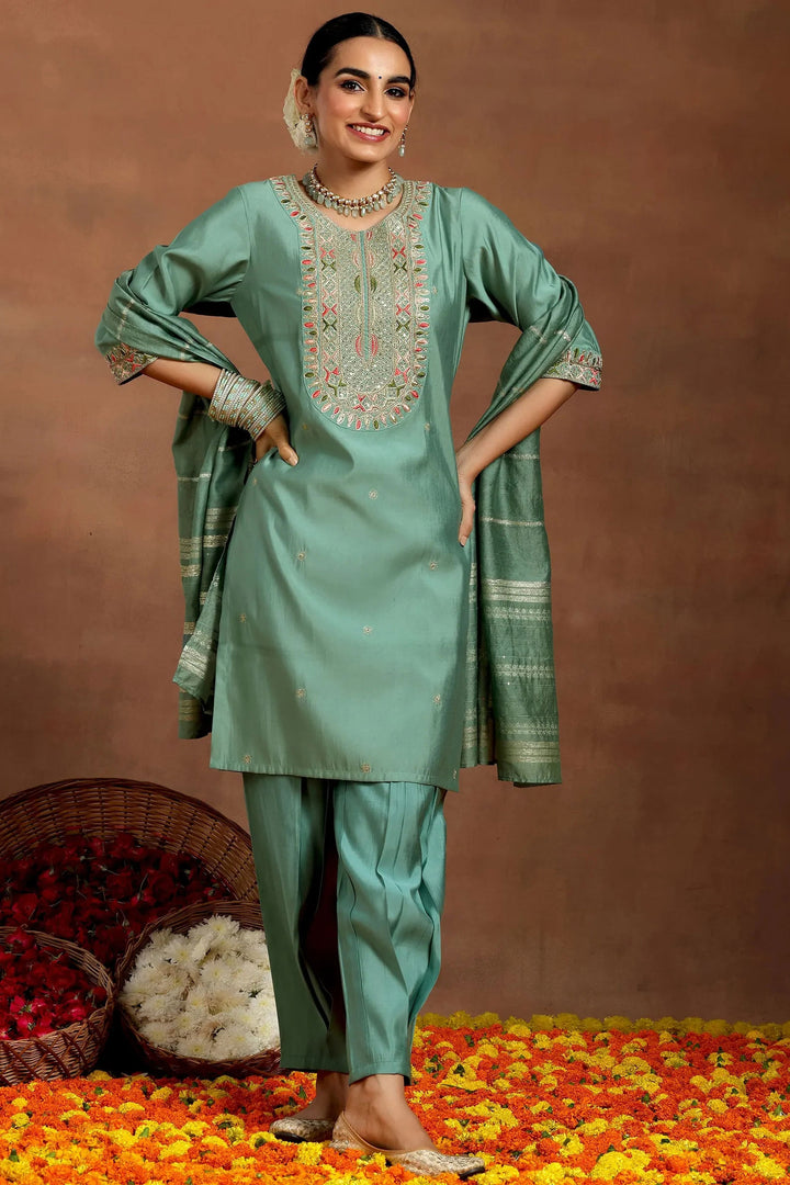 Chanderi Fabric Readymade Salwar Suit In Sea Green Color