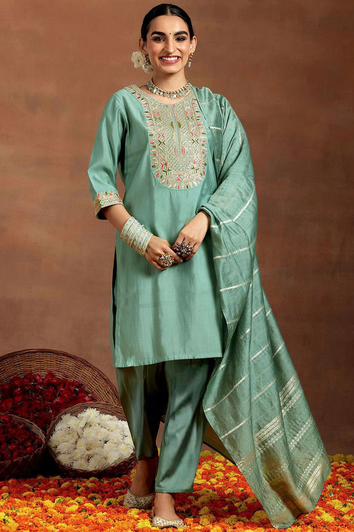 Chanderi Fabric Readymade Salwar Suit In Sea Green Color