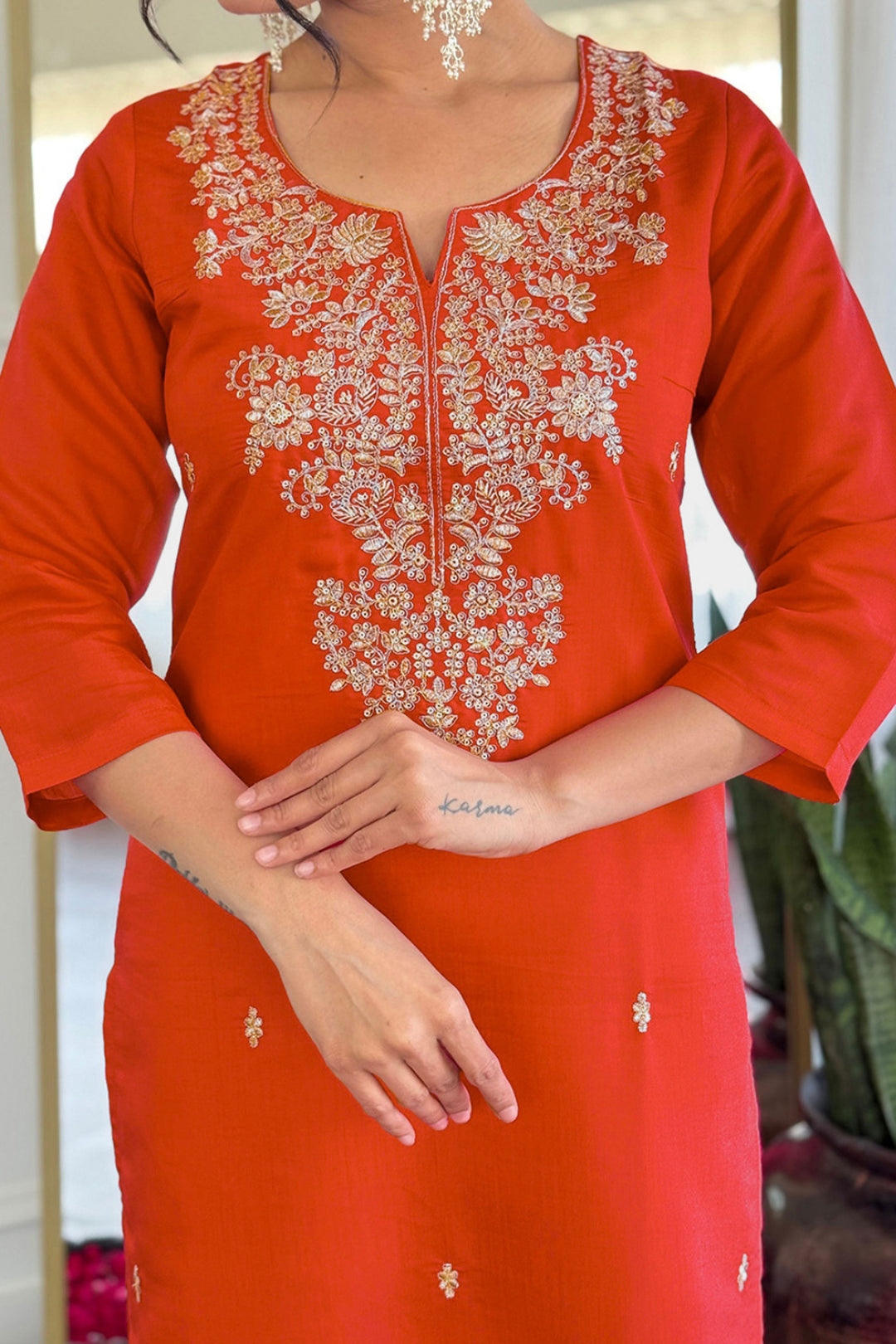 Orange Color Art Silk Fabric Readymade Salwar Suit