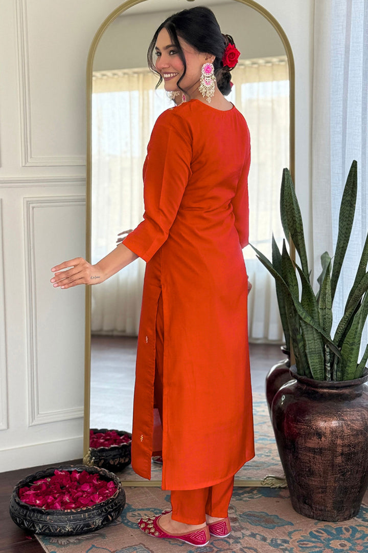 Orange Color Art Silk Fabric Readymade Salwar Suit