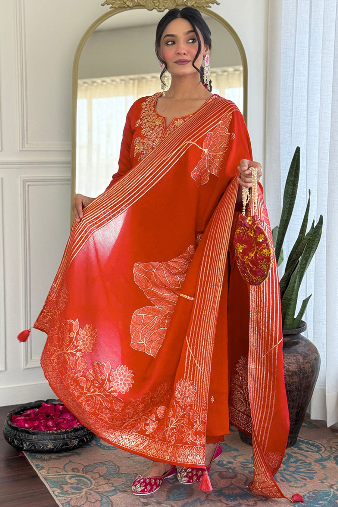 Orange Color Art Silk Fabric Readymade Salwar Suit