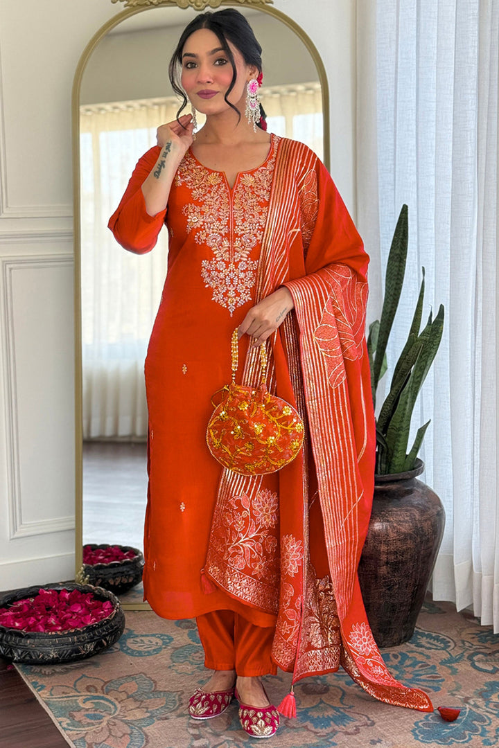 Orange Color Art Silk Fabric Readymade Salwar Suit