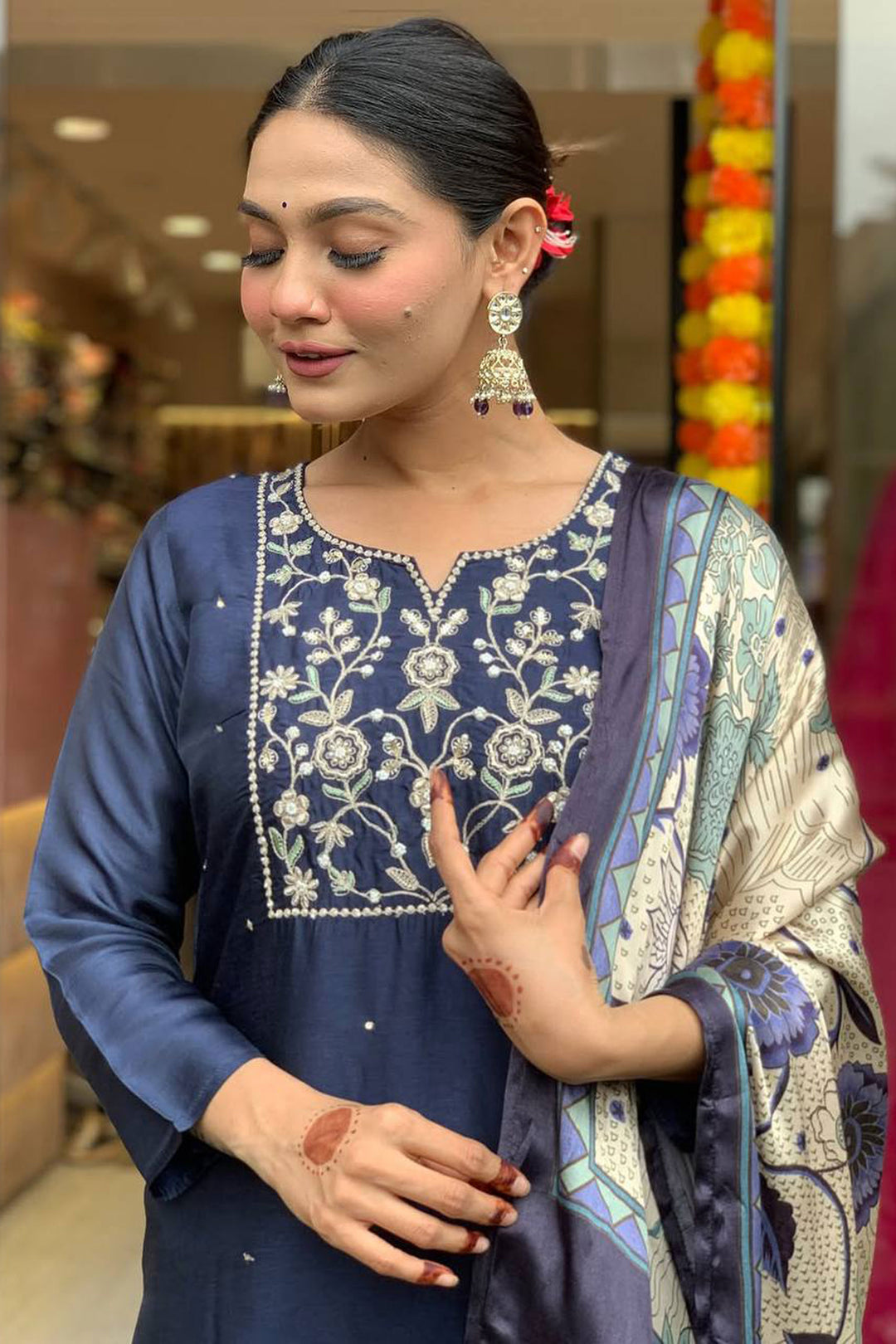 Viscose Chanderi Fabric Navy Blue Color Readymade Salwar Suit