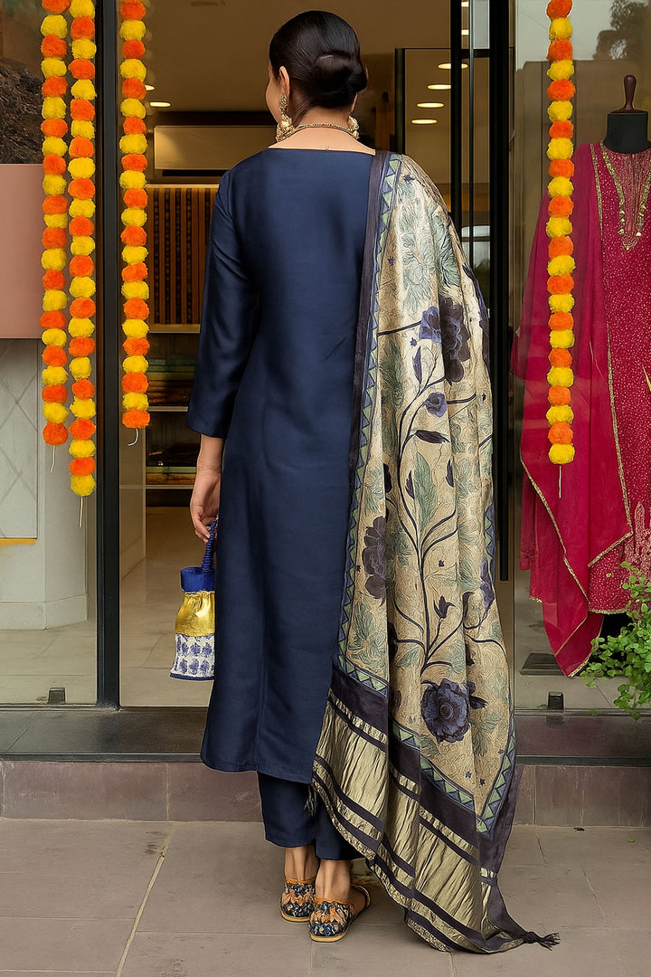 Viscose Chanderi Fabric Navy Blue Color Readymade Salwar Suit