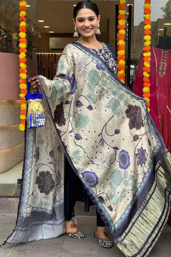 Viscose Chanderi Fabric Navy Blue Color Readymade Salwar Suit