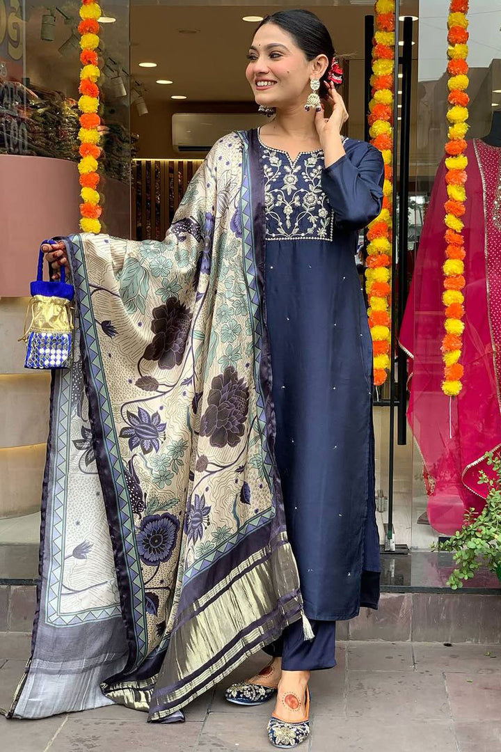 Viscose Chanderi Fabric Navy Blue Color Readymade Salwar Suit