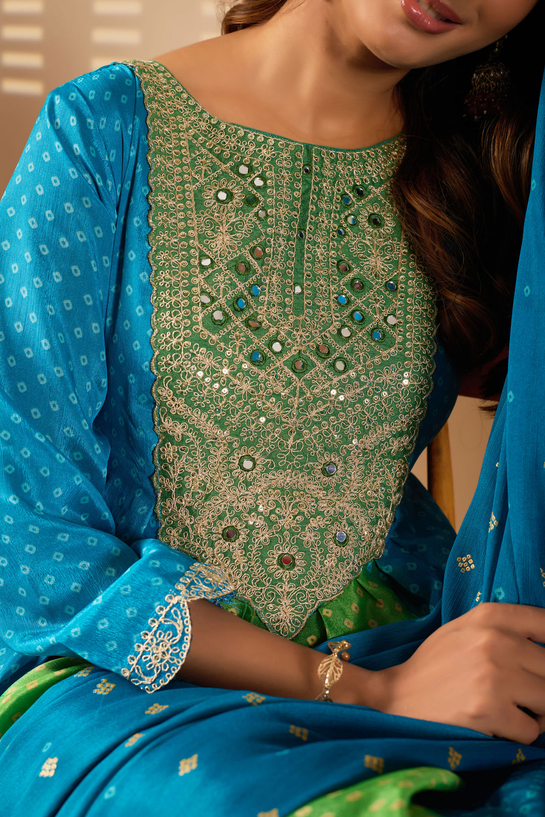 Cyan Color Chinon Fabric Readymade Salwar Suit