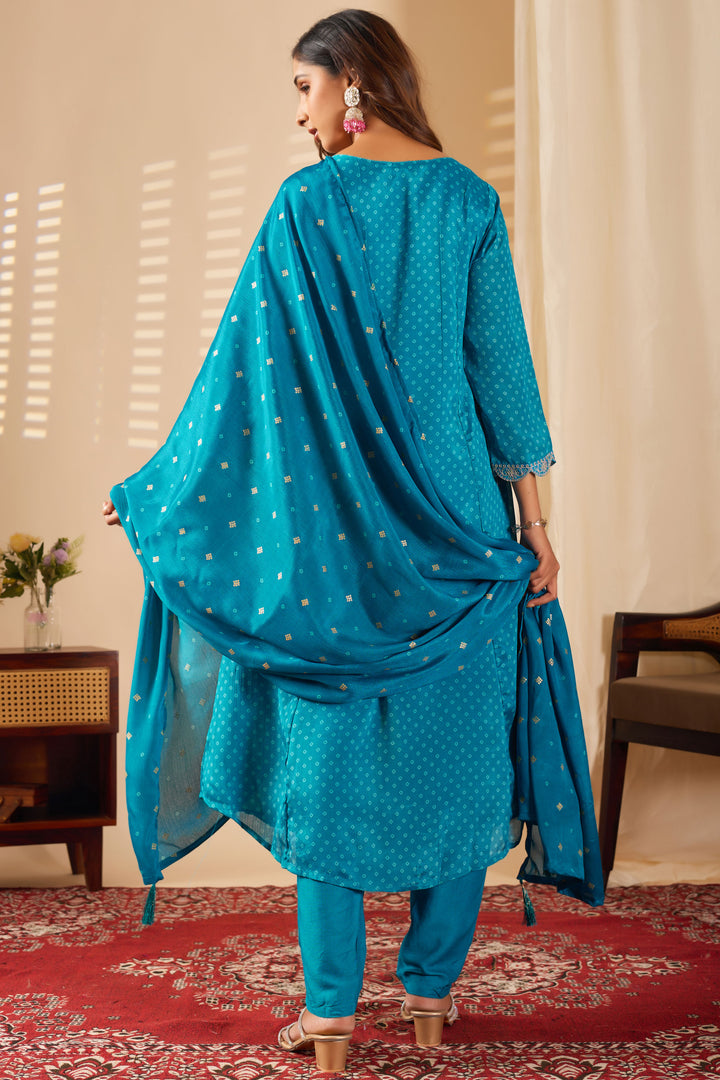 Cyan Color Chinon Fabric Readymade Salwar Suit
