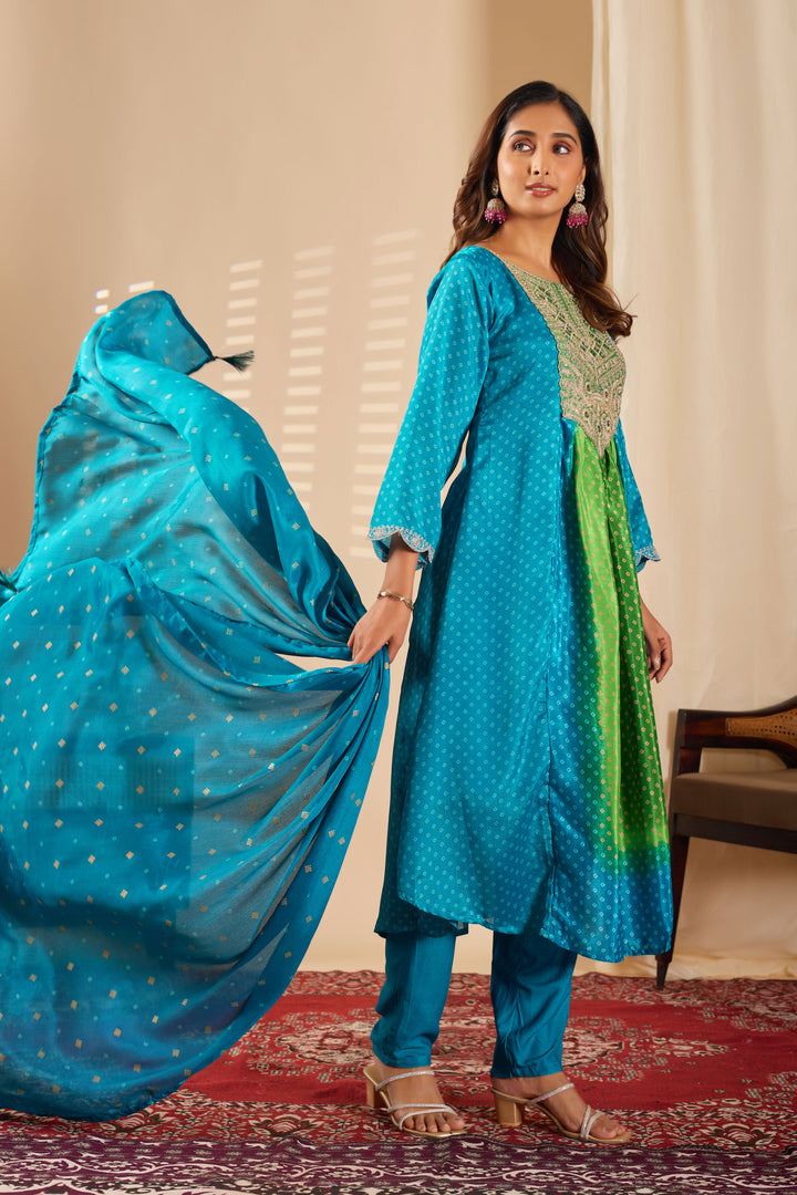 Cyan Color Chinon Fabric Readymade Salwar Suit