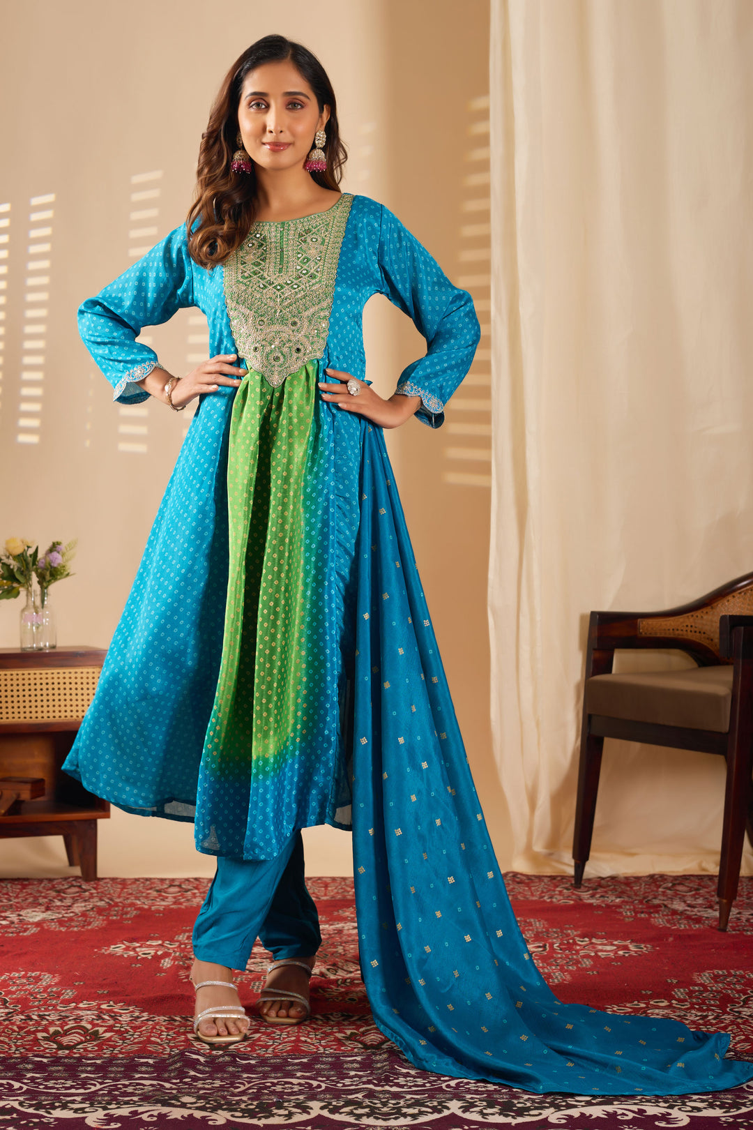 Cyan Color Chinon Fabric Readymade Salwar Suit