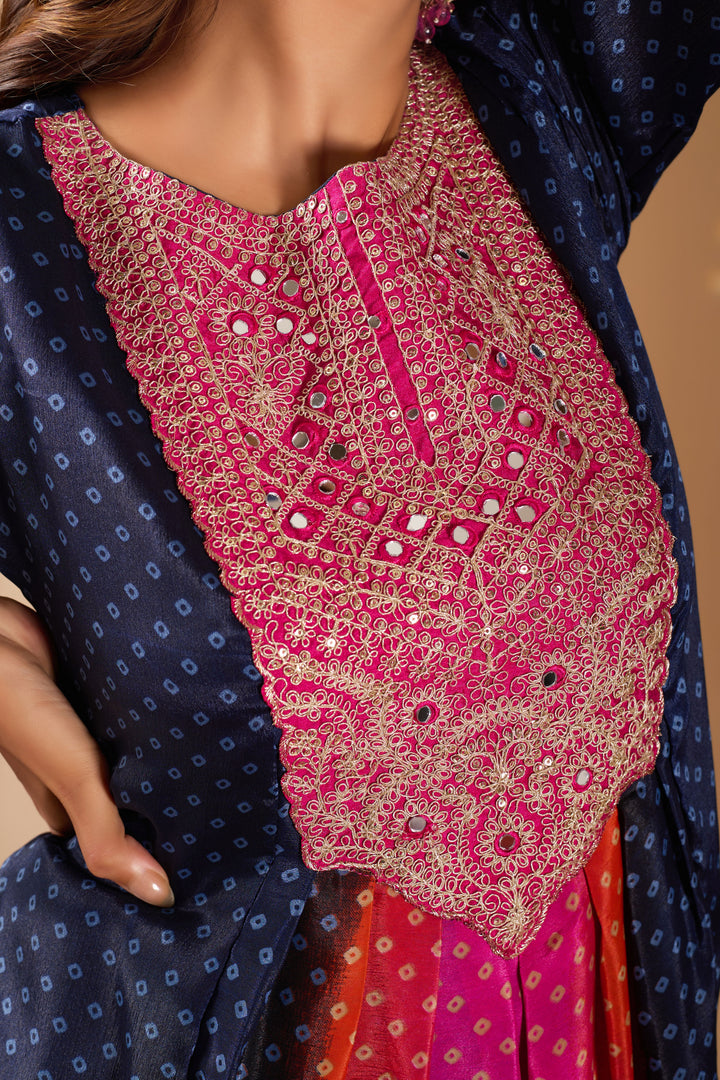 Chinon Fabric Readymade Salwar Suit In Navy Blue Color