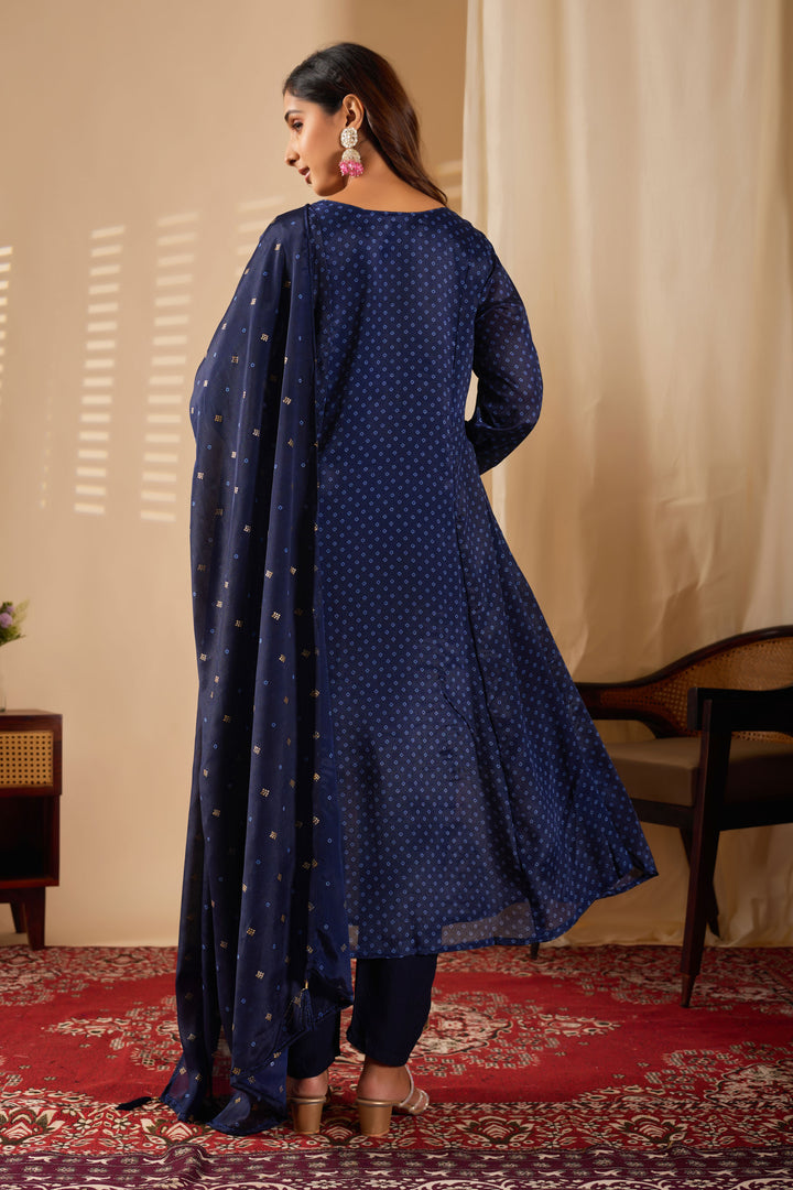 Chinon Fabric Readymade Salwar Suit In Navy Blue Color