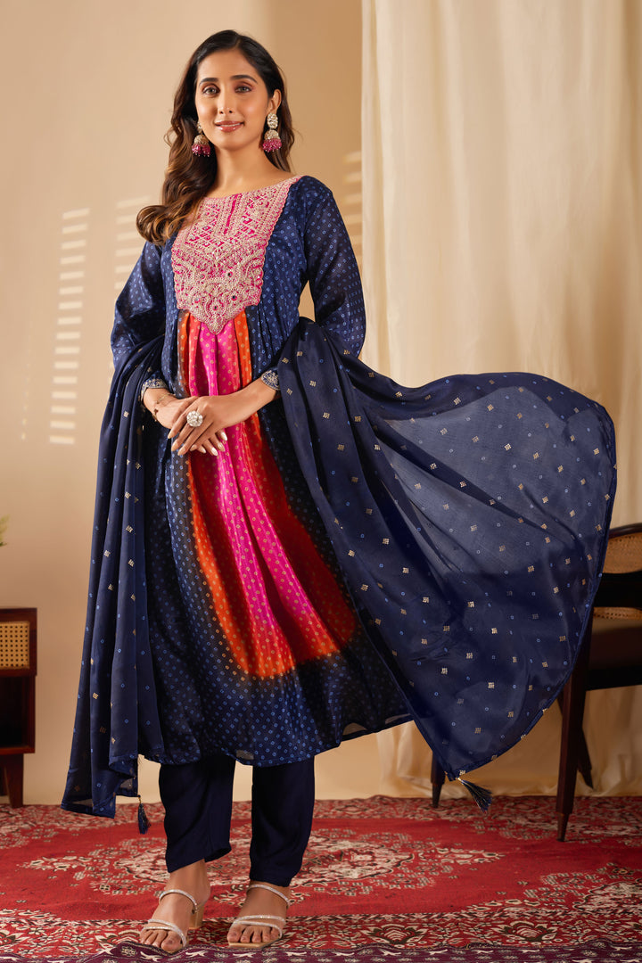 Chinon Fabric Readymade Salwar Suit In Navy Blue Color