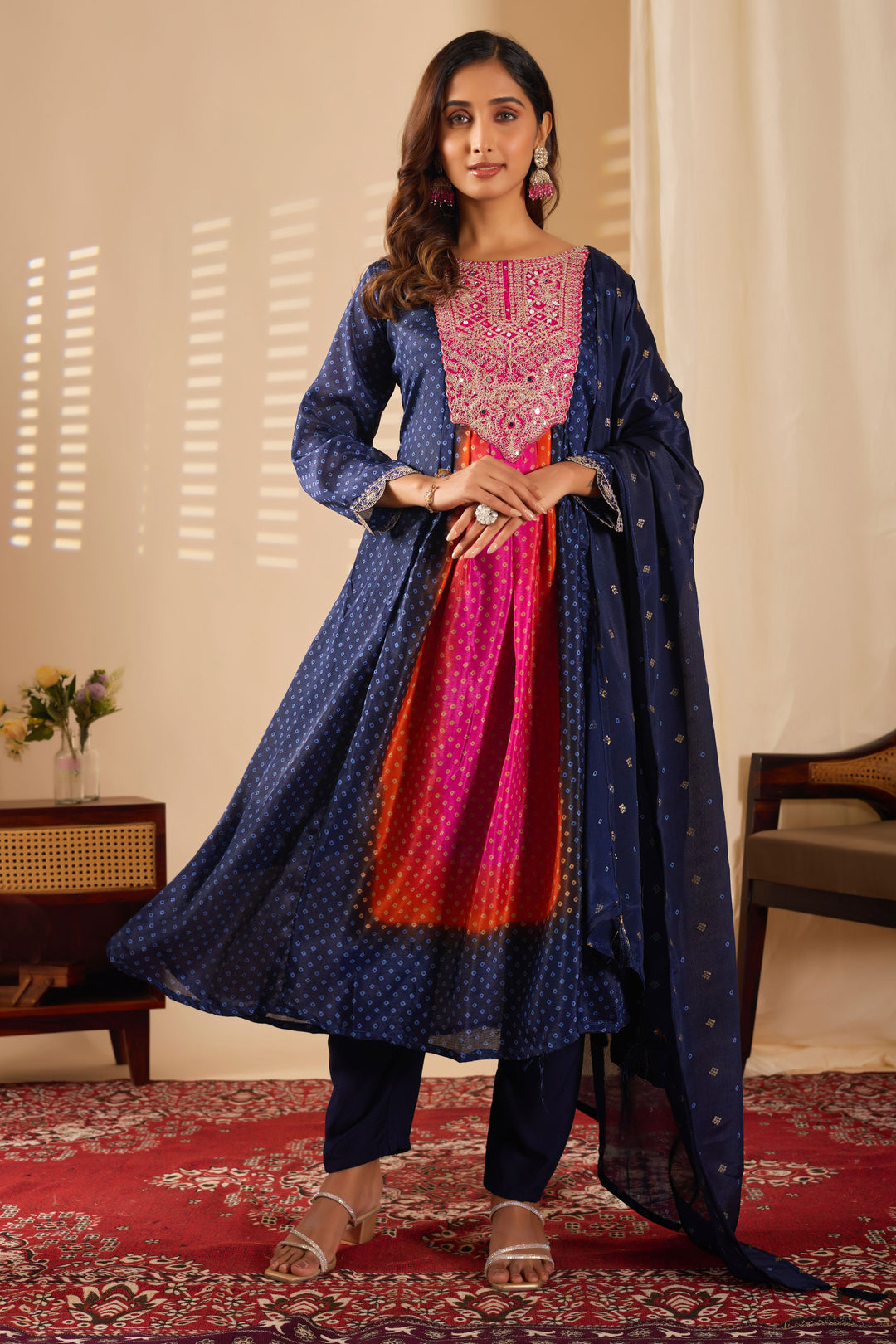 Chinon Fabric Readymade Salwar Suit In Navy Blue Color