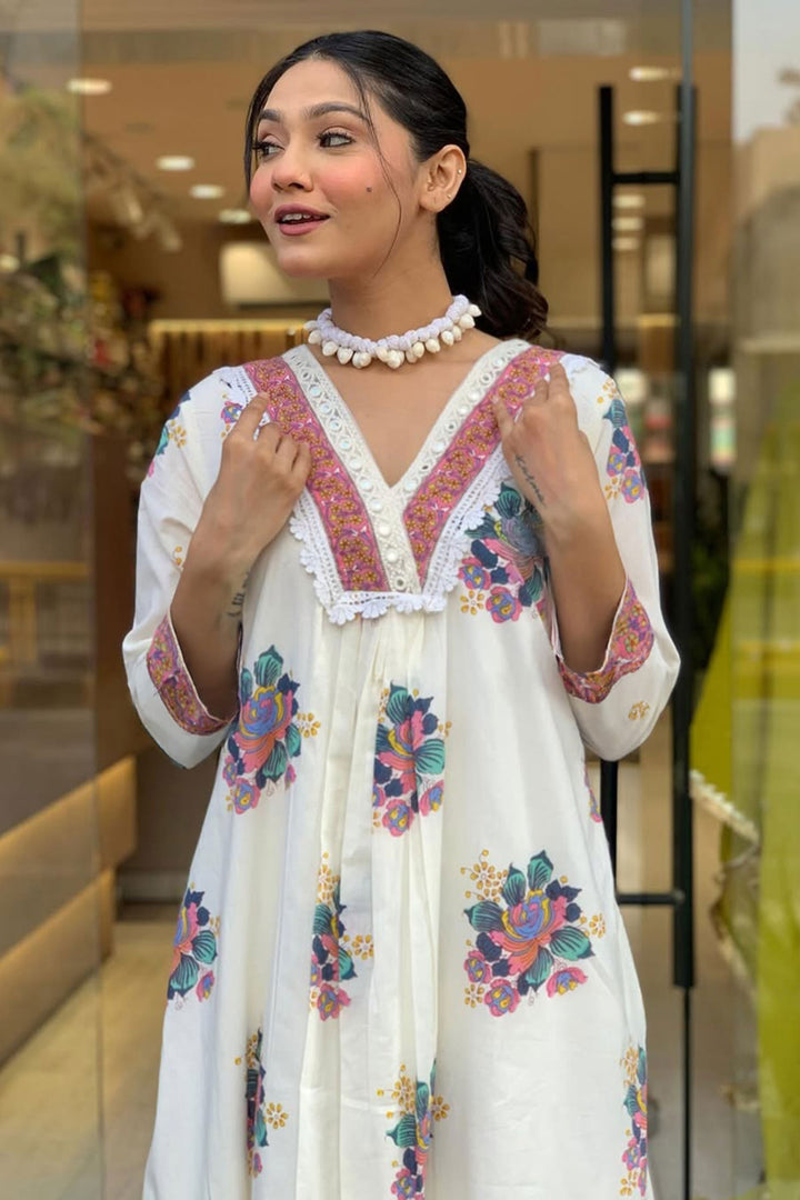 White Color Cotton Fabric Readymade Salwar Suit