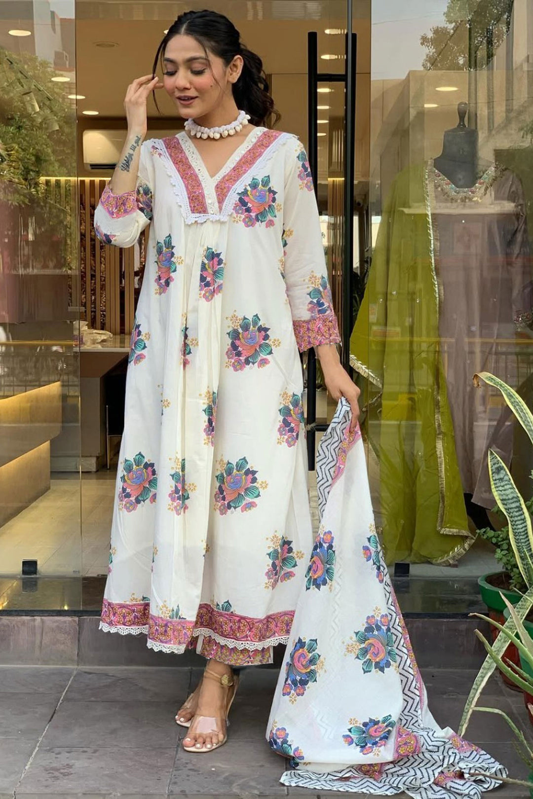 White Color Cotton Fabric Readymade Salwar Suit