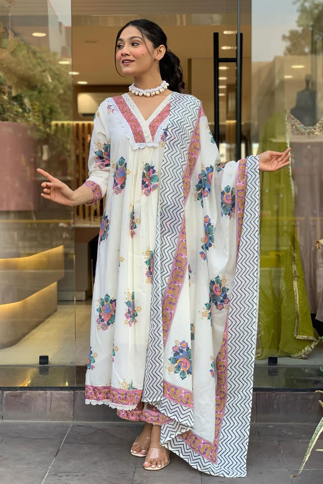 White Color Cotton Fabric Readymade Salwar Suit