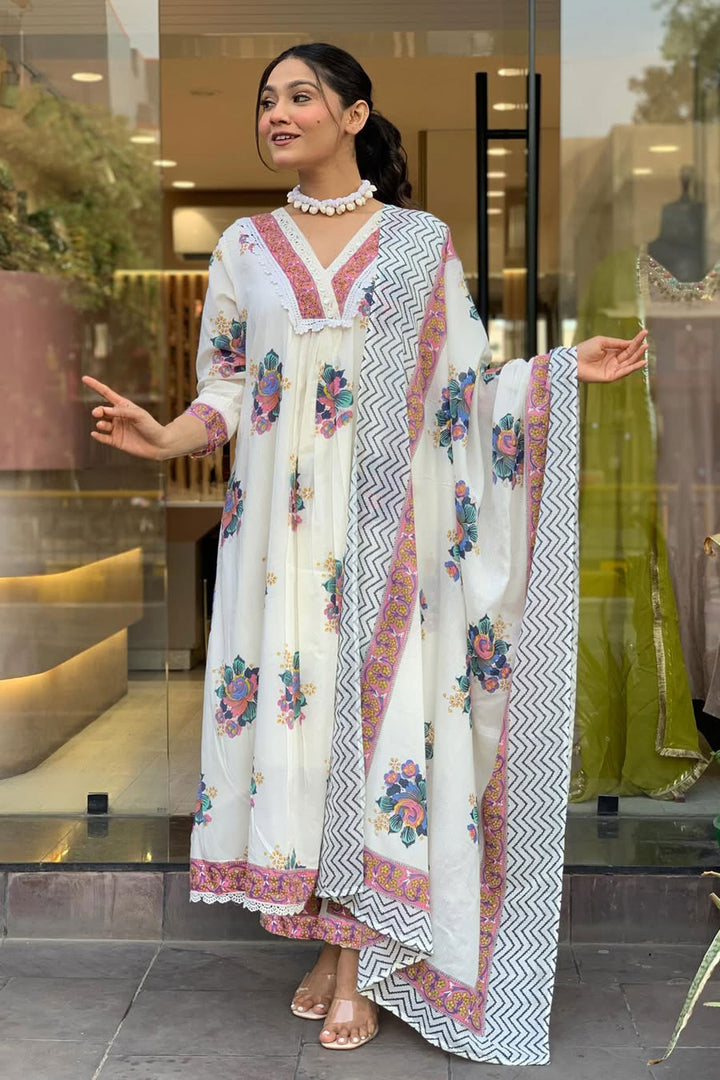 White Color Cotton Fabric Readymade Salwar Suit