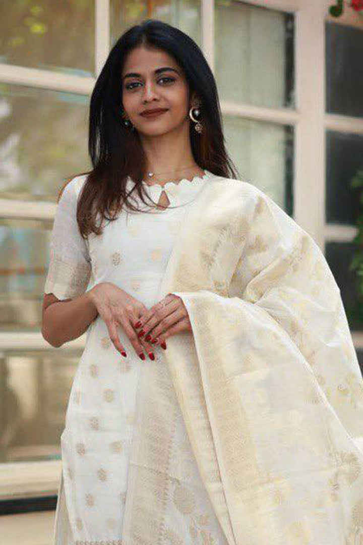 Off White Color Viscose Jacquard Fabric Readymade Salwar Suit