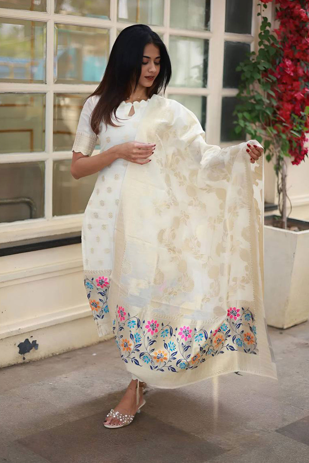 Off White Color Viscose Jacquard Fabric Readymade Salwar Suit