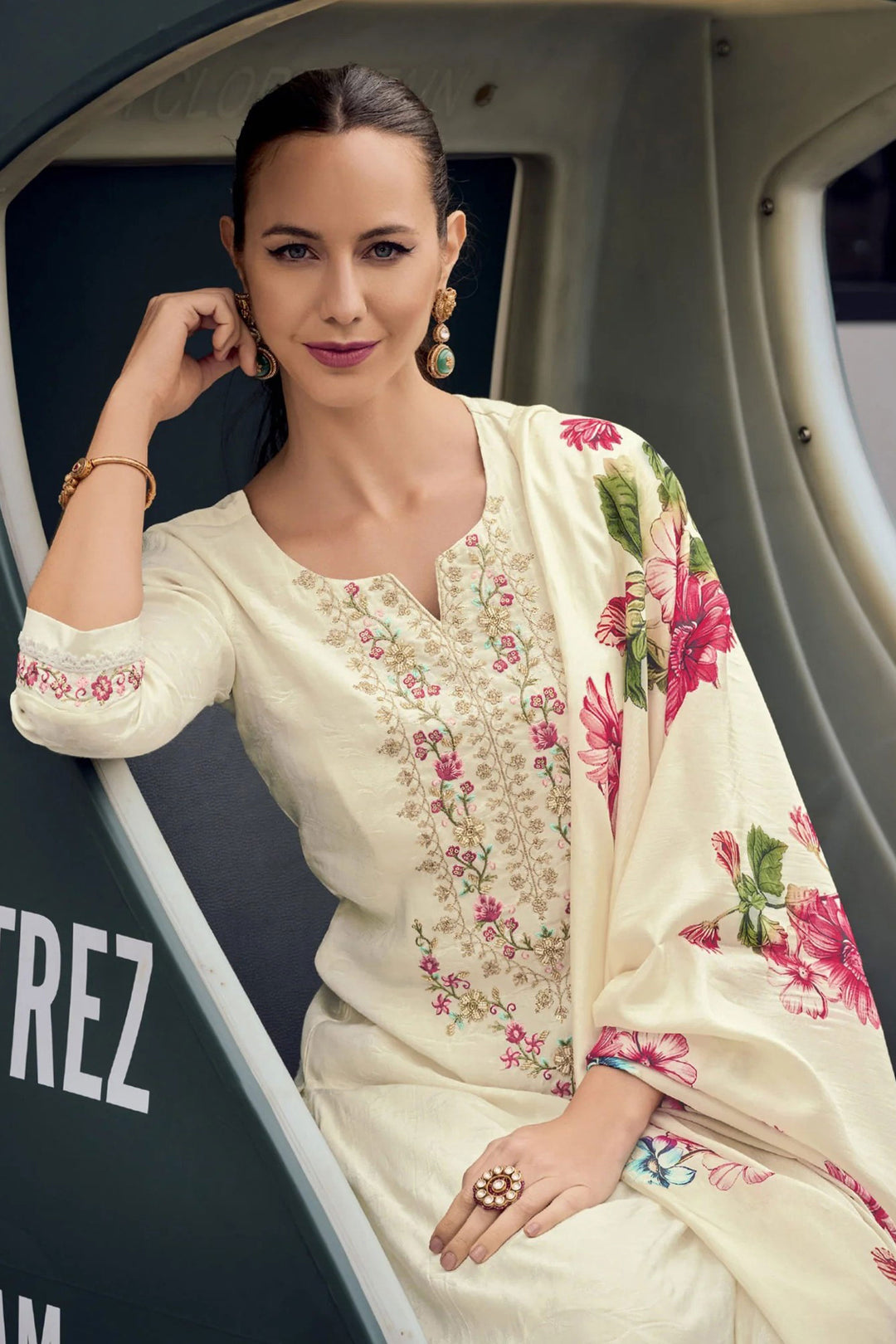 Viscose Jacquard Fabric Beige Color Readymade Salwar Suit