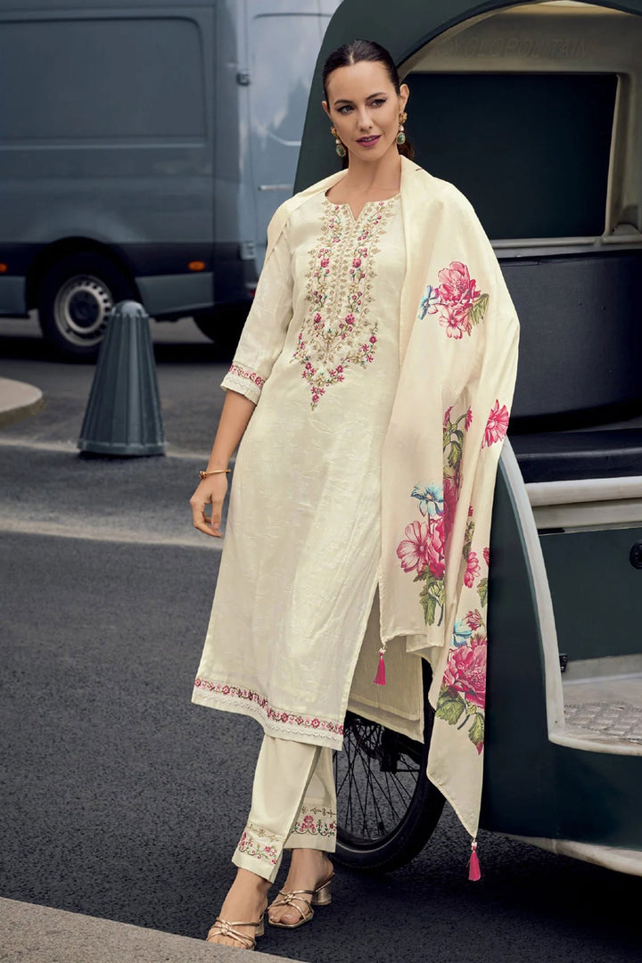 Viscose Jacquard Fabric Beige Color Readymade Salwar Suit