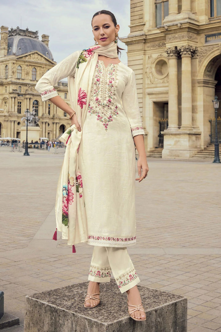 Viscose Jacquard Fabric Beige Color Readymade Salwar Suit