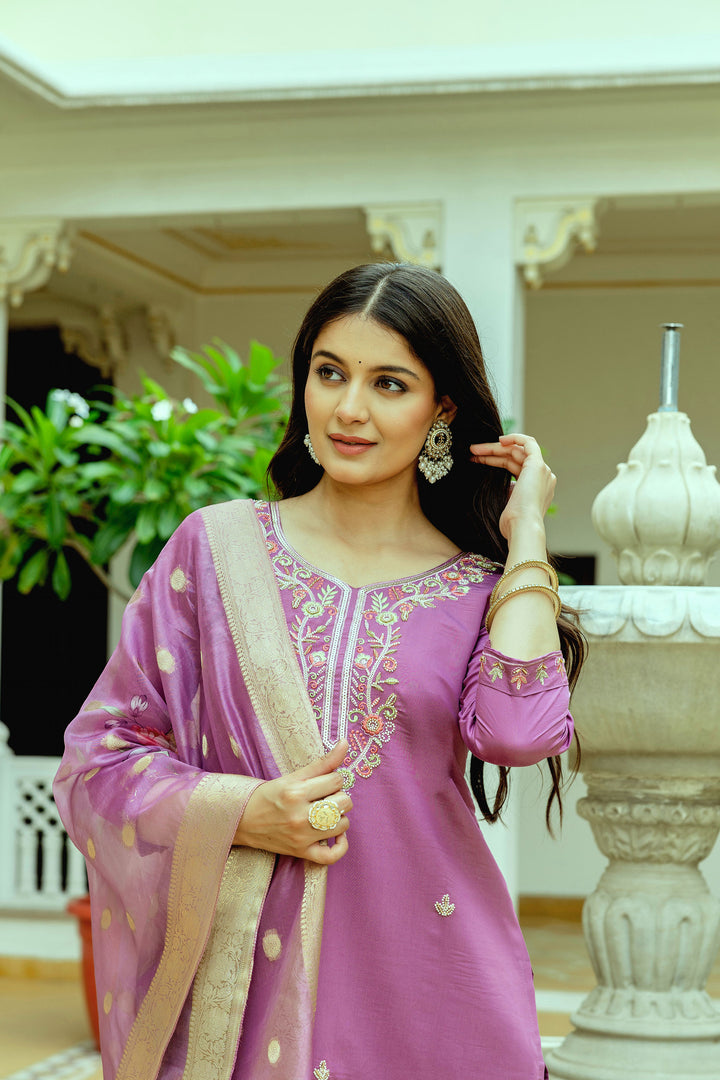 Pink Viscose Chanderi Silk Readymade Salwar Suit